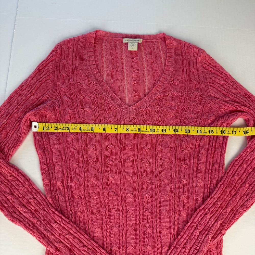 White + Warren Pink 100% Linen Cable Knit V-Neck Sweater Womens Small - Picture 4 of 6